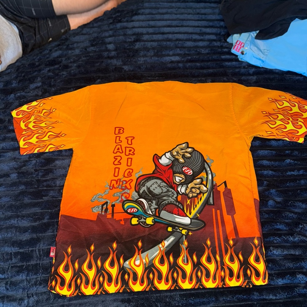 Hot Topic Fiery Skateboard Tee - Orange and Black